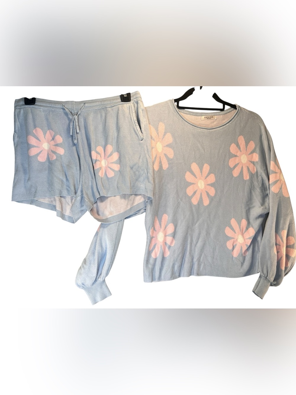 Ekouler 2 Pc Knit Lounge Set L Blue Pink Daisy Floral Sweater Top Shorts Y2K